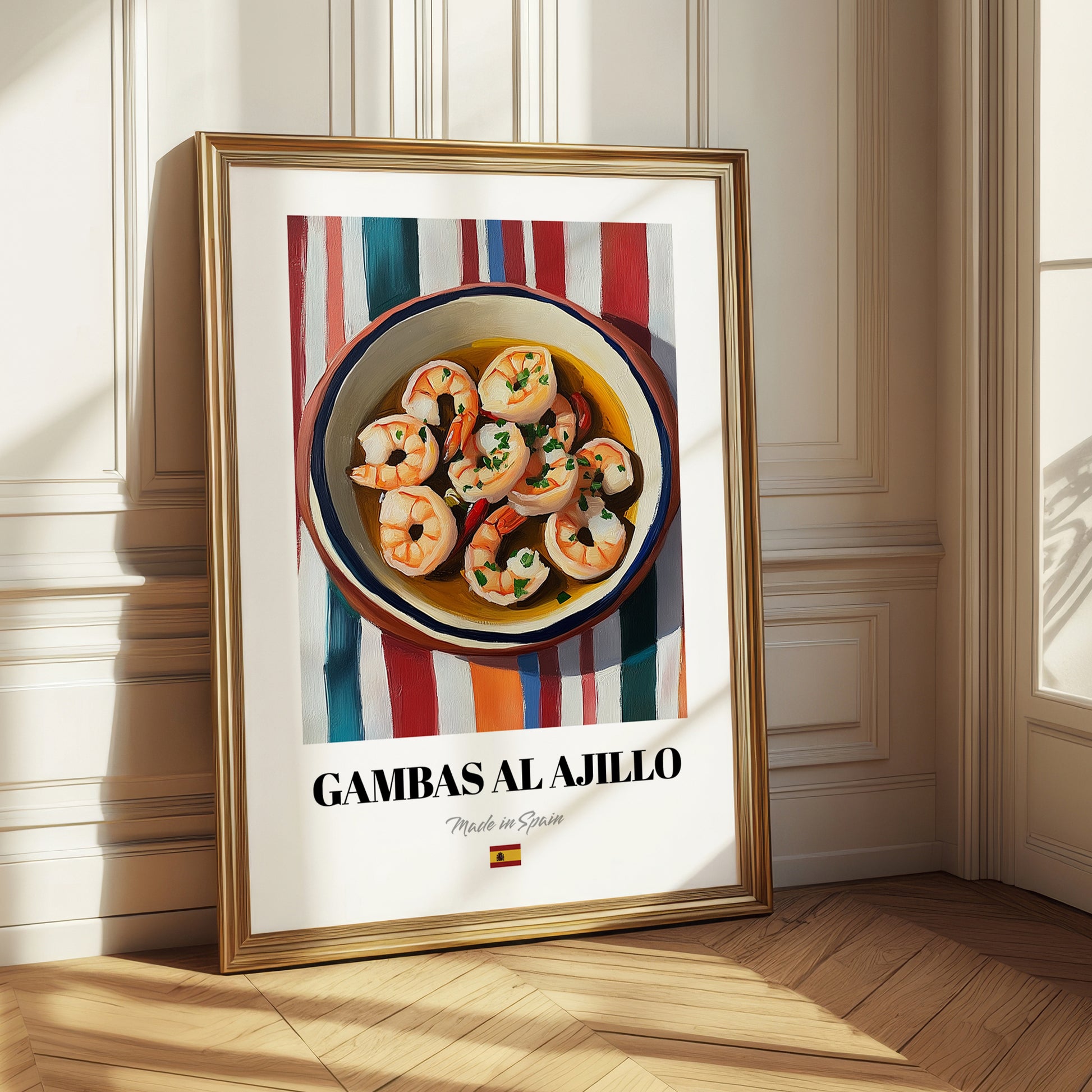 Gambas al Ajillo – on Striped Tablecloth, Spanish Food Print
