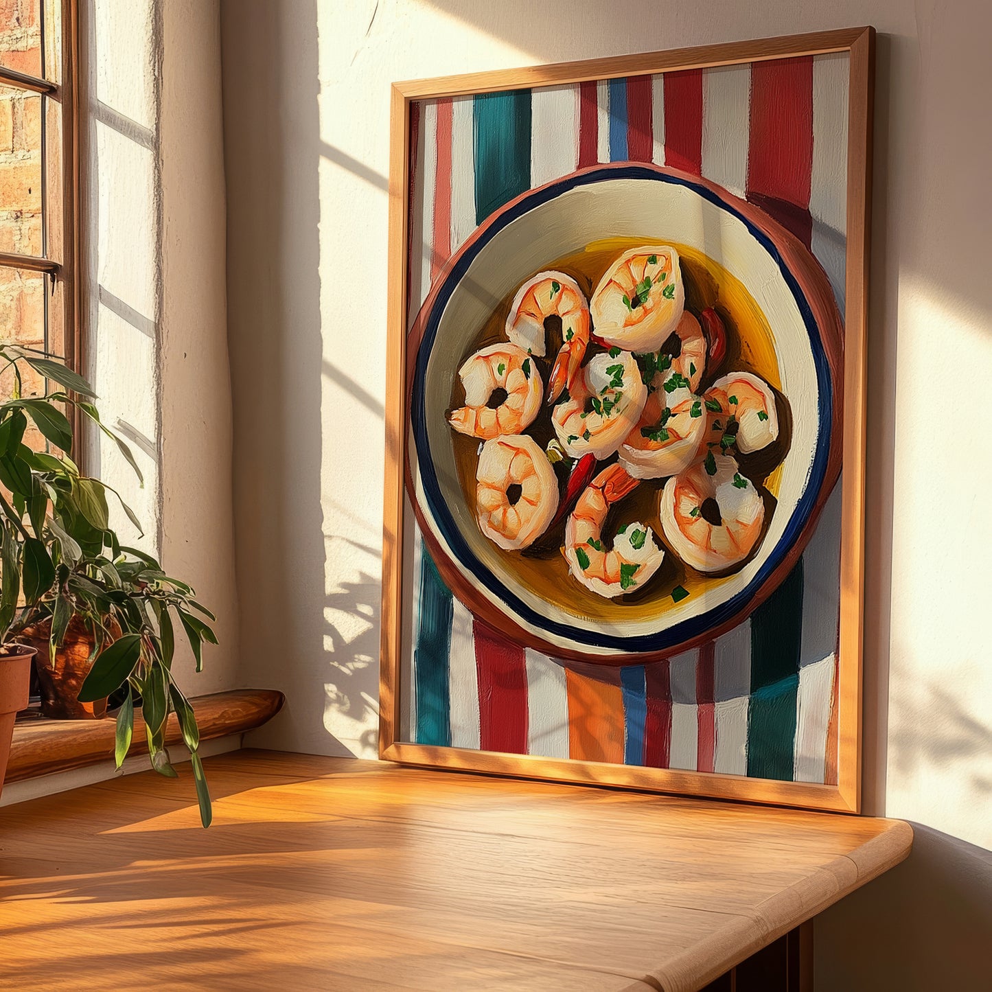 Gambas al Ajillo – on Striped Tablecloth, Spanish Food Print, clean layout with no caption
