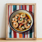 Gambas al Ajillo – on Striped Tablecloth, Spanish Food Print, no-text version framed in wood