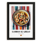 Gambas al Ajillo – on Striped Tablecloth, Spanish Food Print, in sleek black frame