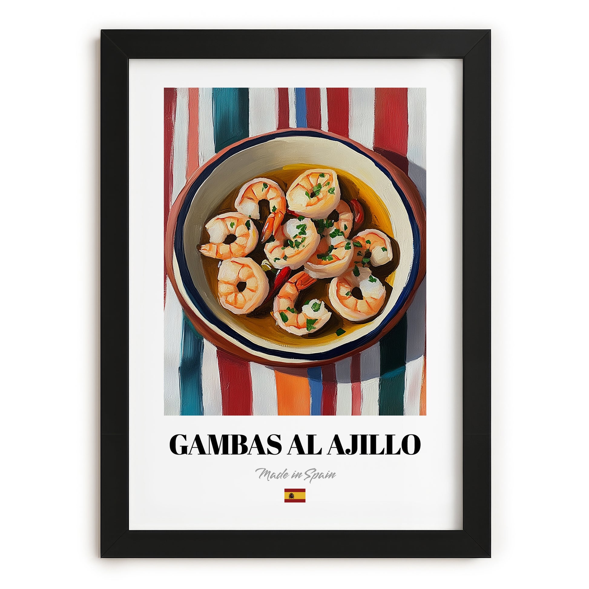 Gambas al Ajillo – on Striped Tablecloth, Spanish Food Print, in sleek black frame