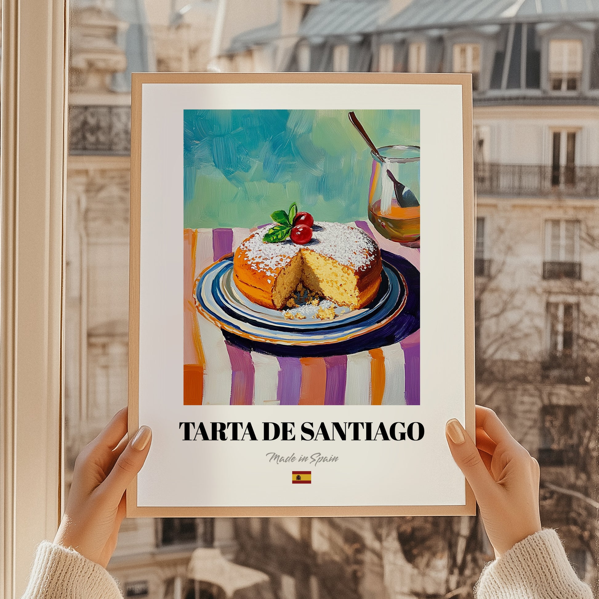 Tarta de Santiago – Colorful Oil Painting, Spanish Dessert Painting, styled in a charming Paris street view