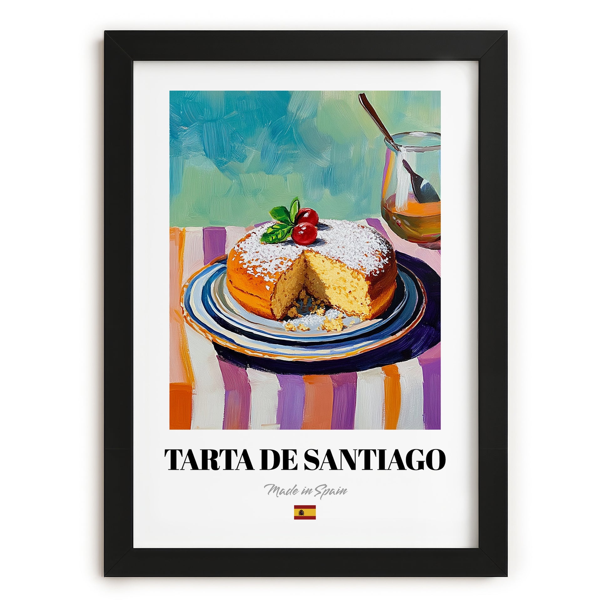 Tarta de Santiago – Colorful Oil Painting, Spanish Dessert Painting, in sleek black frame