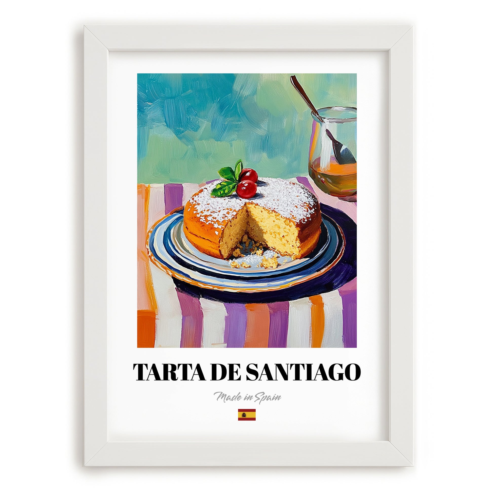 Tarta de Santiago – Colorful Oil Painting, Spanish Dessert Painting, placed in minimal white frame