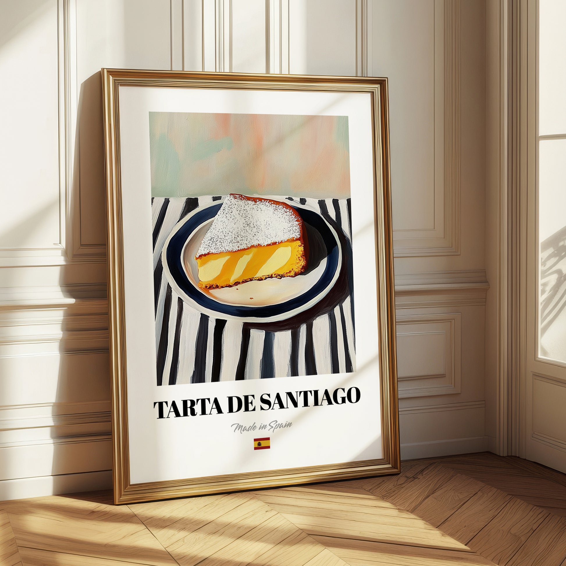 Tarta de Santiago – on Striped Tablecloth, Spanish Dessert Illustration 