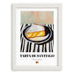 Tarta de Santiago – on Striped Tablecloth, Spanish Dessert Illustration, placed in minimal white frame