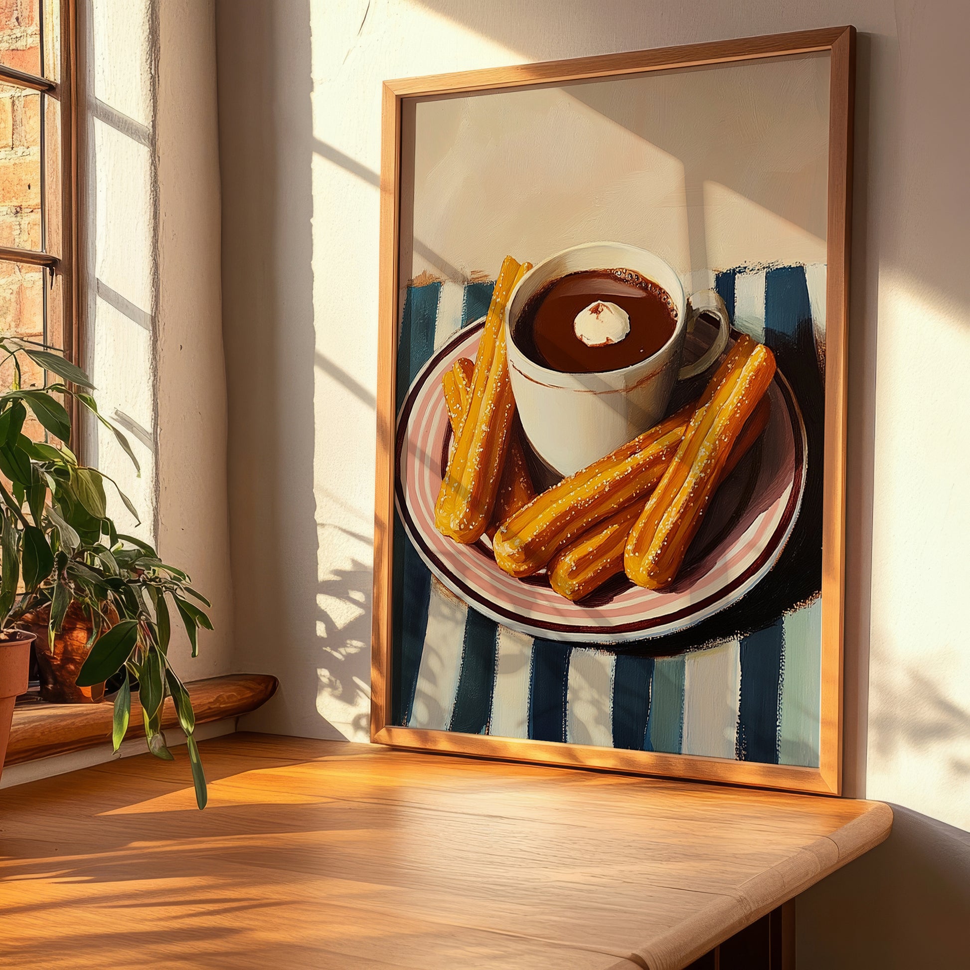 Churros con Chocolate – on Striped Tablecloth, Spanish Dessert Illustration, clean layout with no caption
