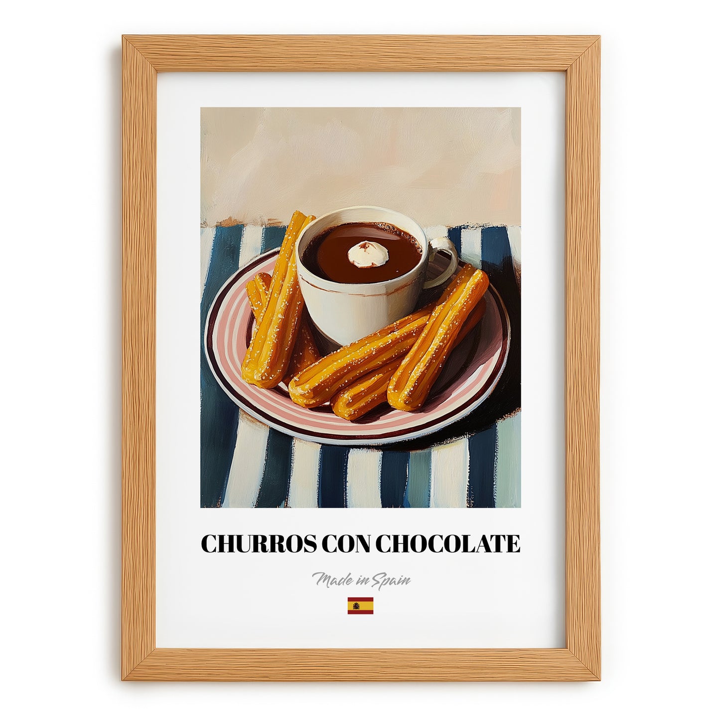 Churros con Chocolate – on Striped Tablecloth, Spanish Dessert Illustration, set in oak frame