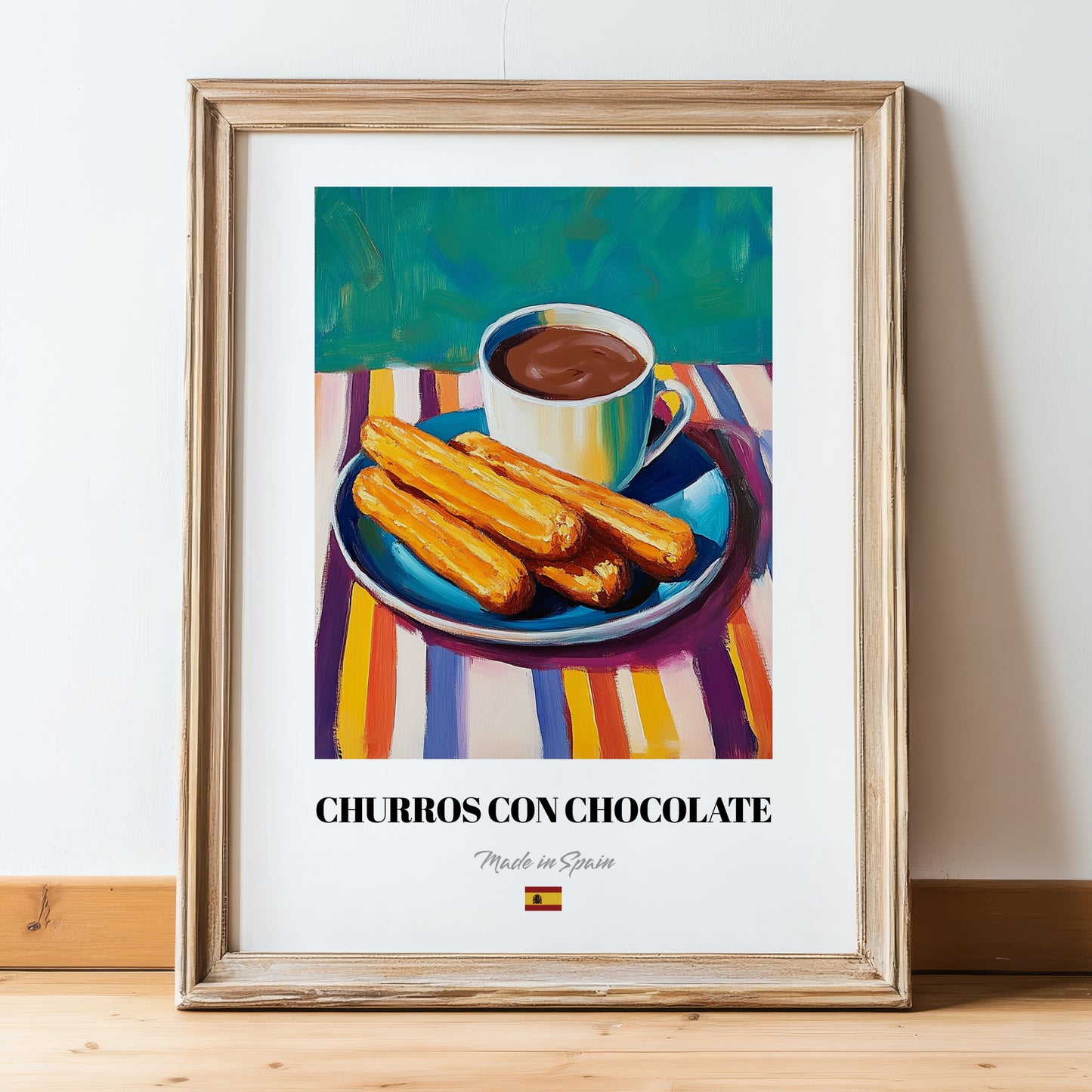 Churros con Chocolate – Colorful Oil Painting, Spanish Dessert Poster, in wooden frame leaning on the floor