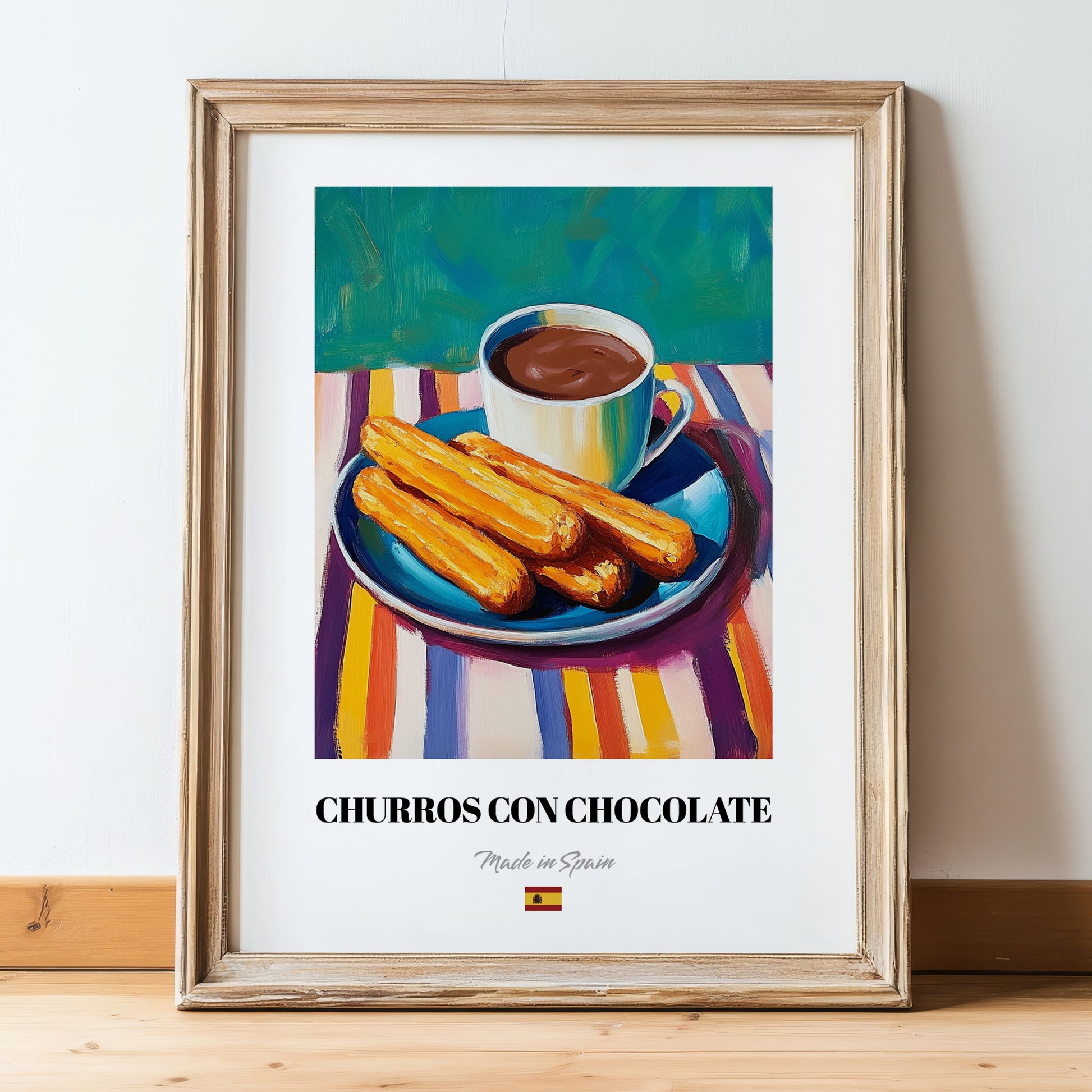Churros con Chocolate – Colorful Oil Painting, Spanish Dessert Poster, in wooden frame leaning on the floor