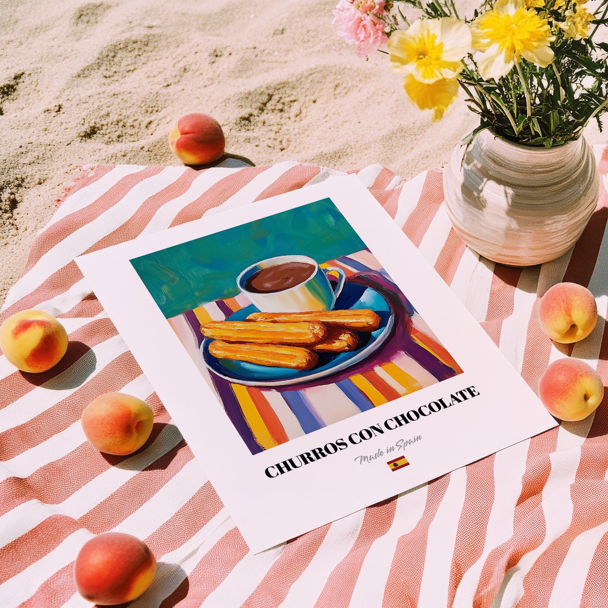 Churros con Chocolate – Colorful Oil Painting, Spanish Dessert Poster, unframed on coastal sand