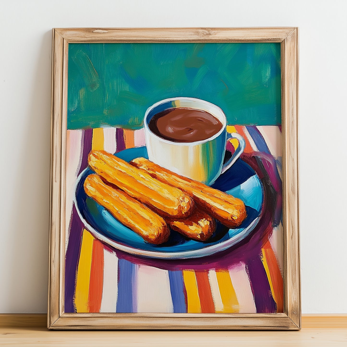 Churros con Chocolate – Colorful Oil Painting, Spanish Dessert Poster, no-text version framed in wood