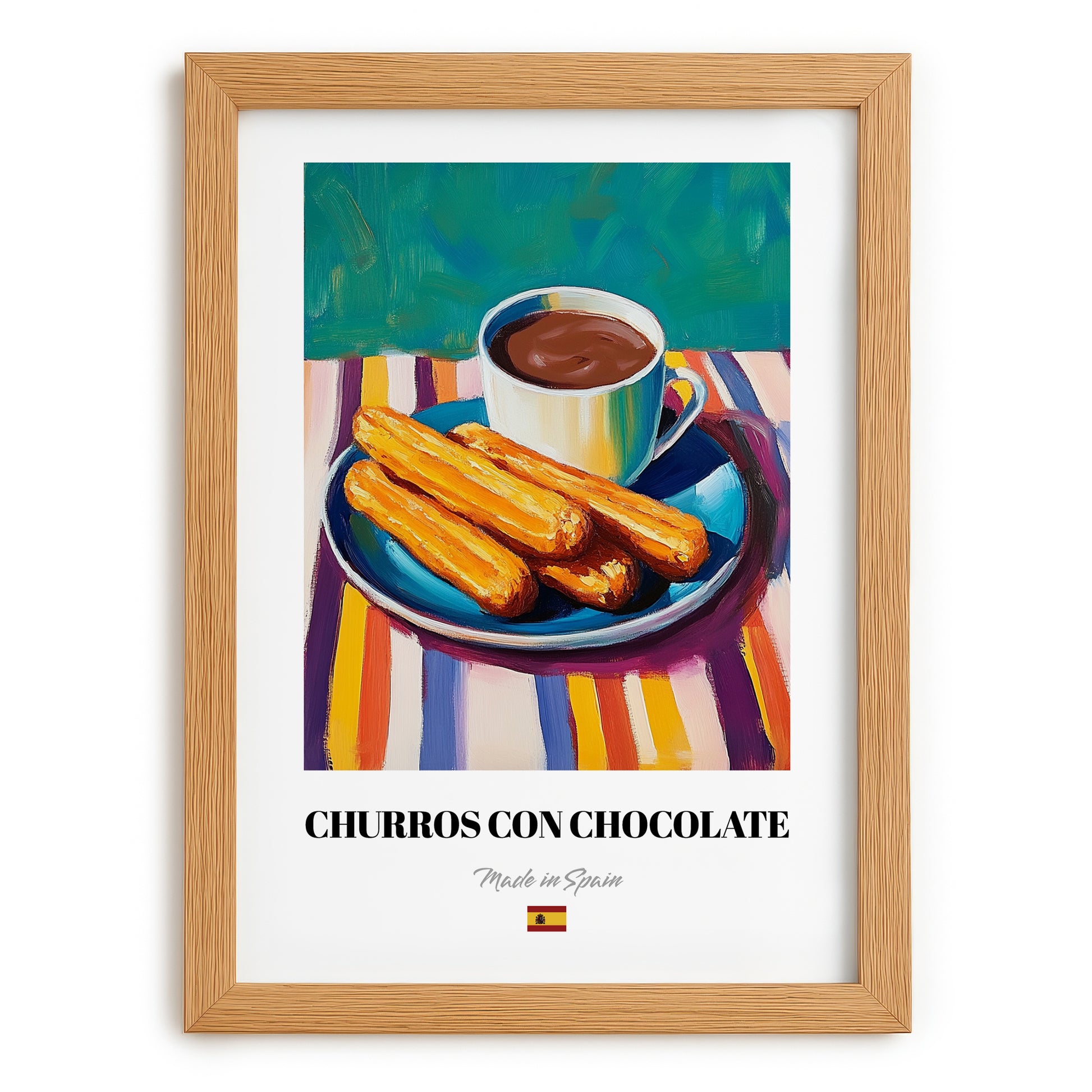 Churros con Chocolate – Colorful Oil Painting, Spanish Dessert Poster, set in oak frame