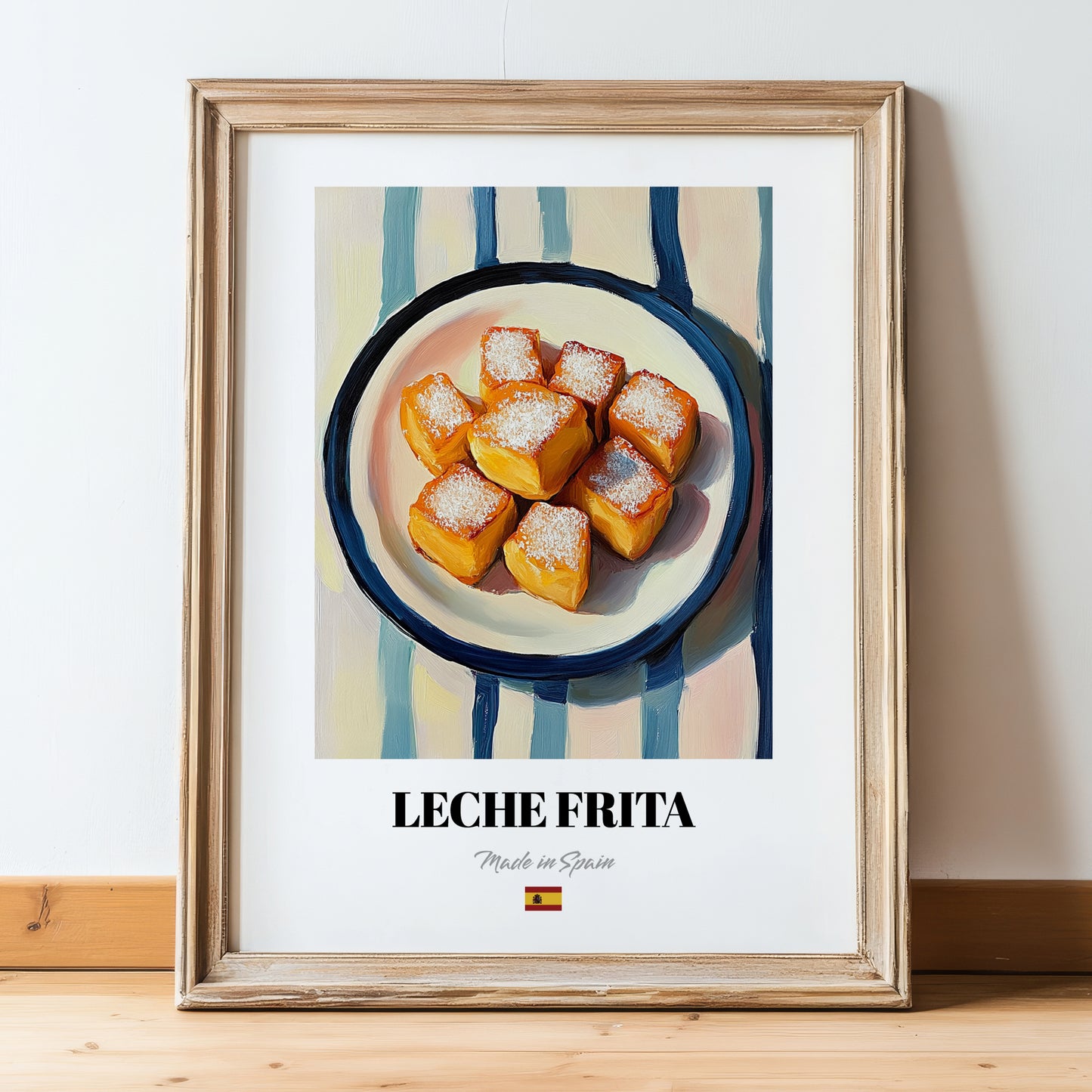 Leche Frita – on Striped Tablecloth, Spanish Dessert Wall Decor, in wooden frame leaning on the floor