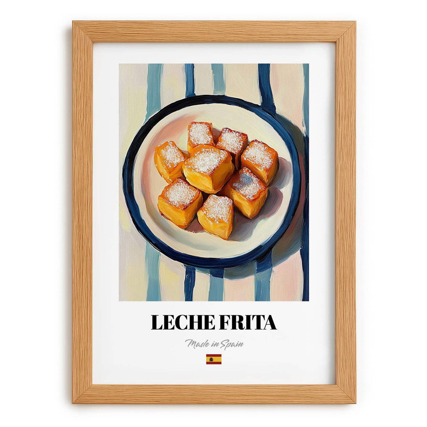 Leche Frita – on Striped Tablecloth, Spanish Dessert Wall Decor, set in oak frame
