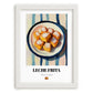 Leche Frita – on Striped Tablecloth, Spanish Dessert Wall Decor, placed in minimal white frame