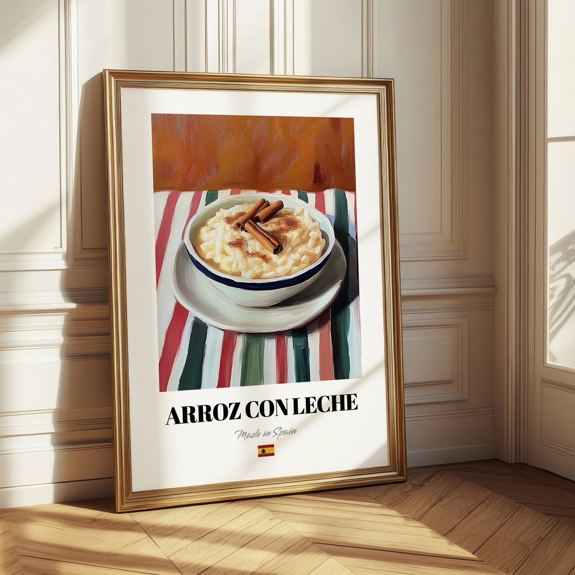 Arroz con Leche – on Striped Tablecloth, Spanish Dessert Wall Art 