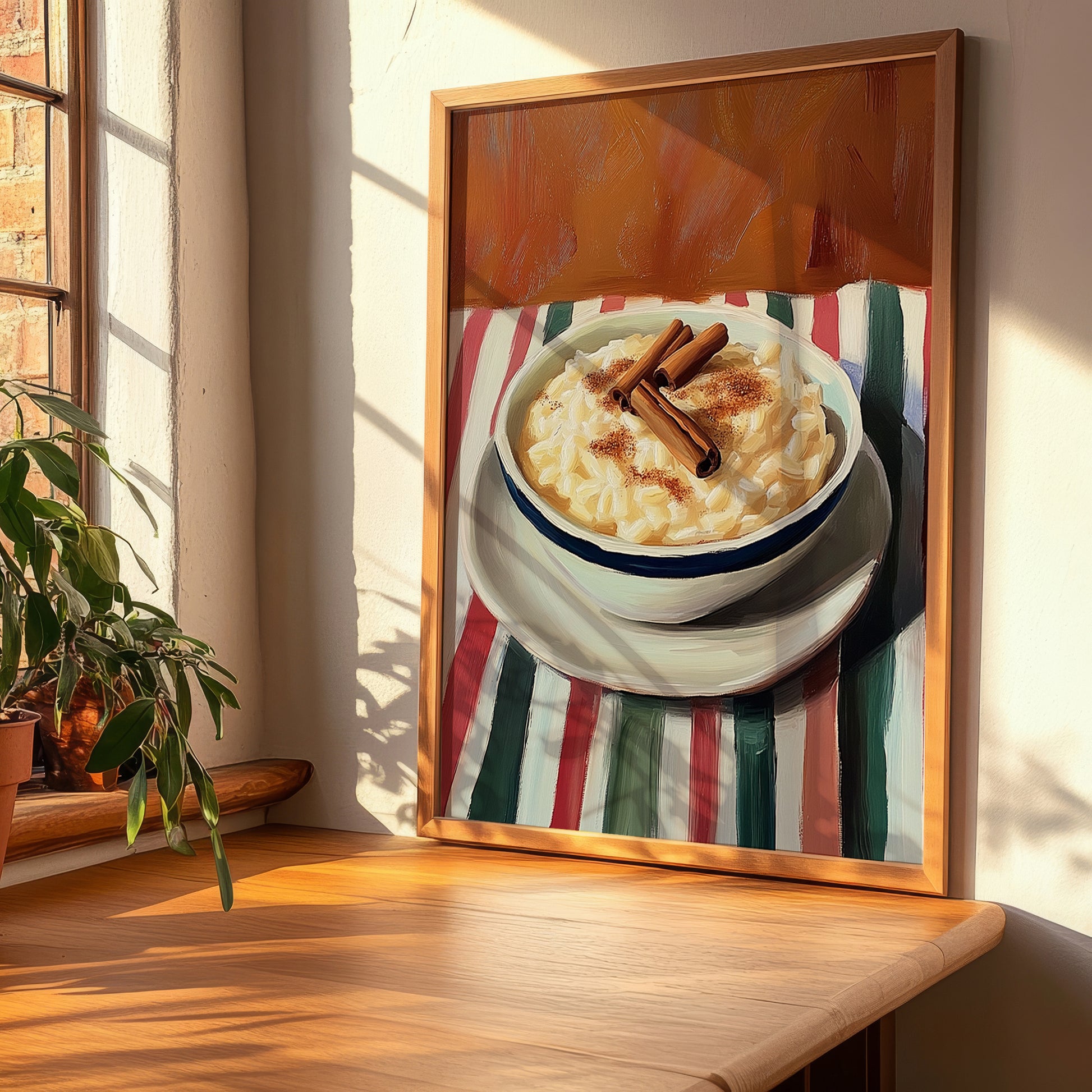 Arroz con Leche – on Striped Tablecloth, Spanish Dessert Wall Art, clean layout with no caption