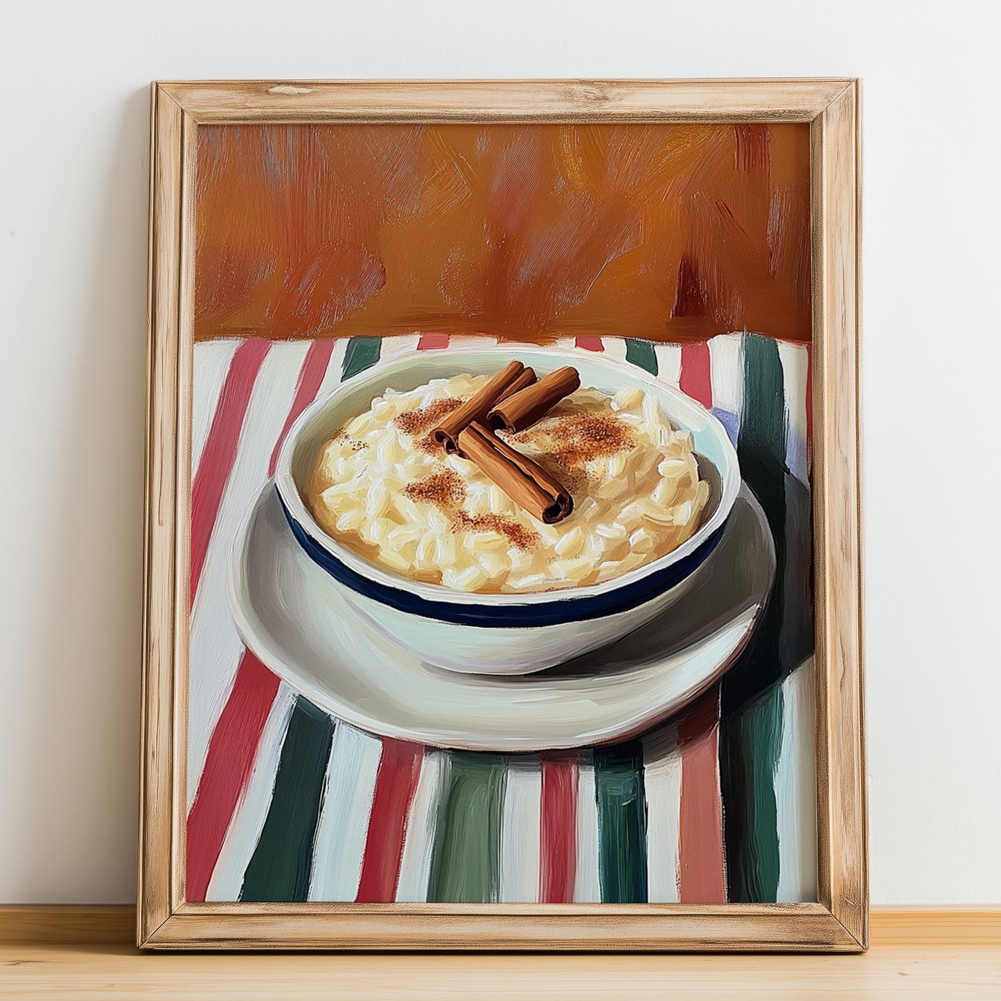 Arroz con Leche – on Striped Tablecloth, Spanish Dessert Wall Art, no-text version framed in wood