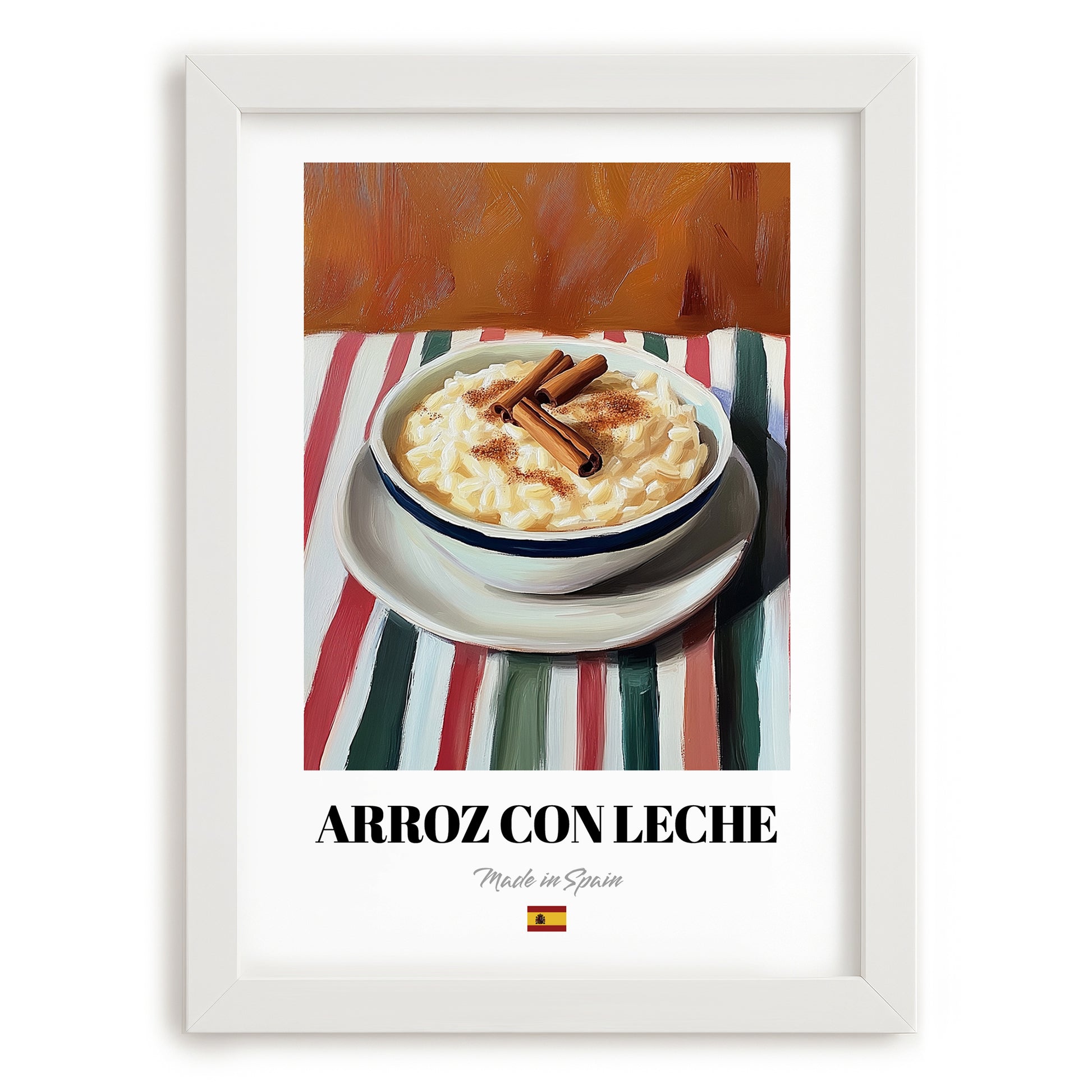 Arroz con Leche – on Striped Tablecloth, Spanish Dessert Wall Art, placed in minimal white frame