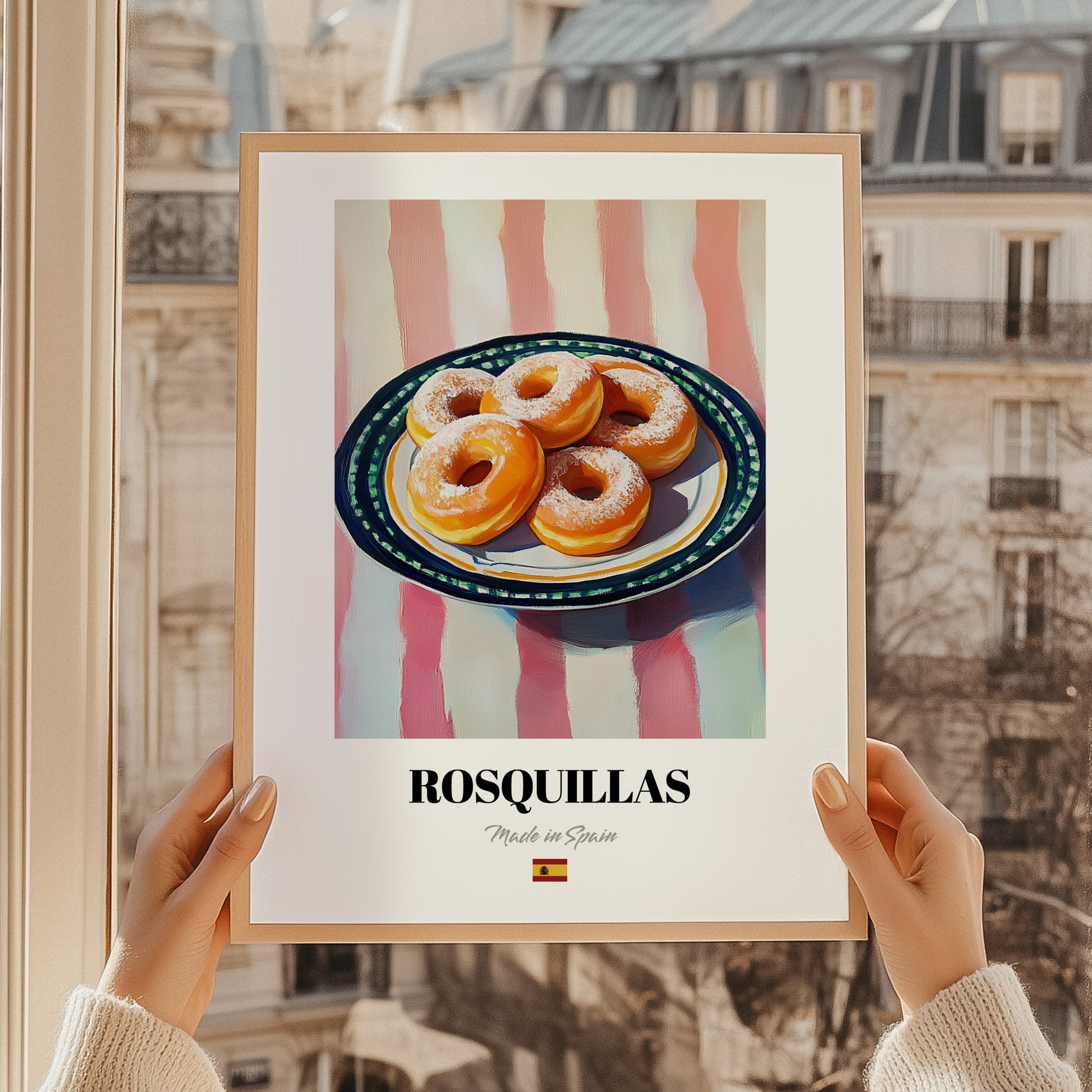Rosquillas – on Striped Tablecloth, Spanish Dessert Illustration, styled in a charming Paris street view