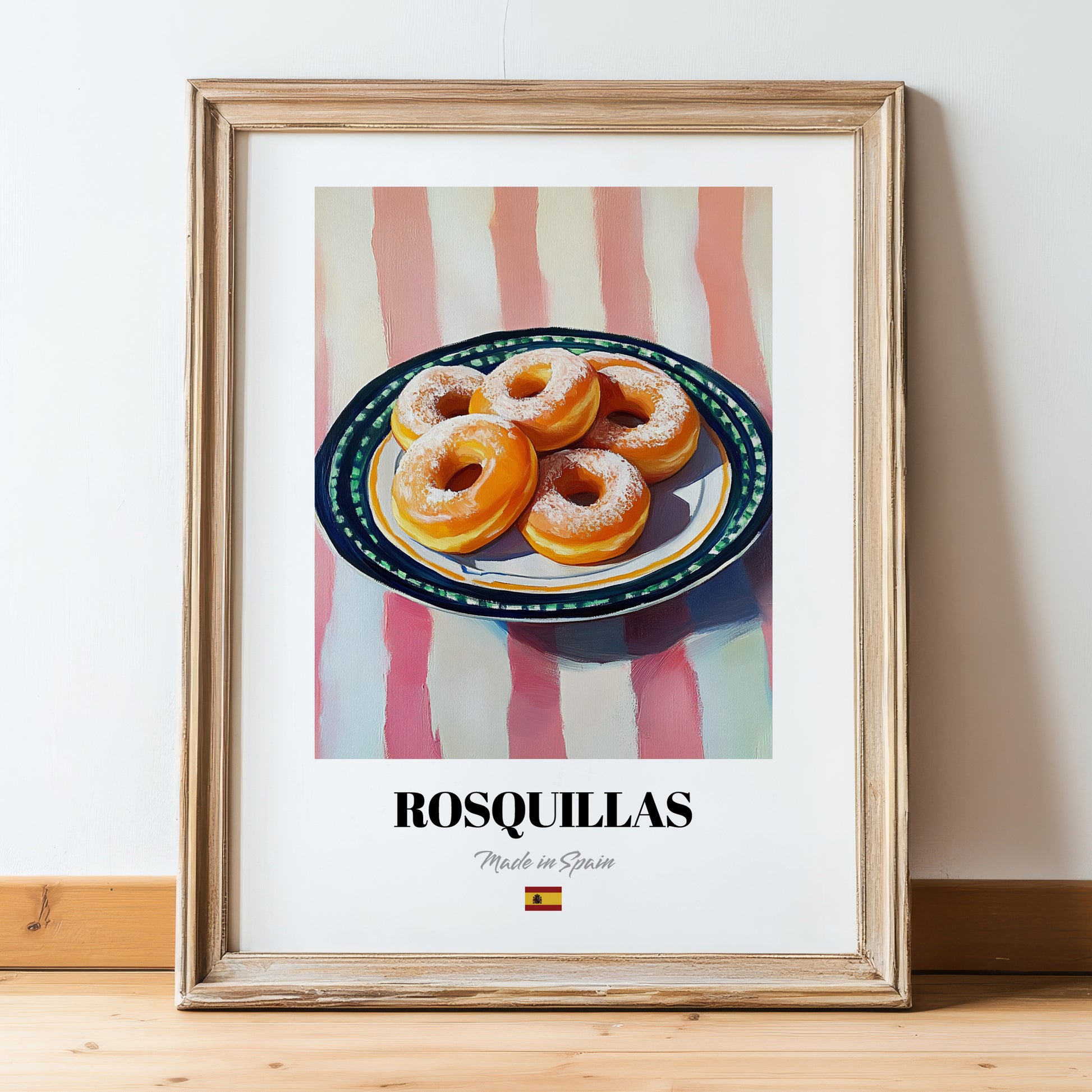 Rosquillas – on Striped Tablecloth, Spanish Dessert Illustration, in wooden frame leaning on the floor