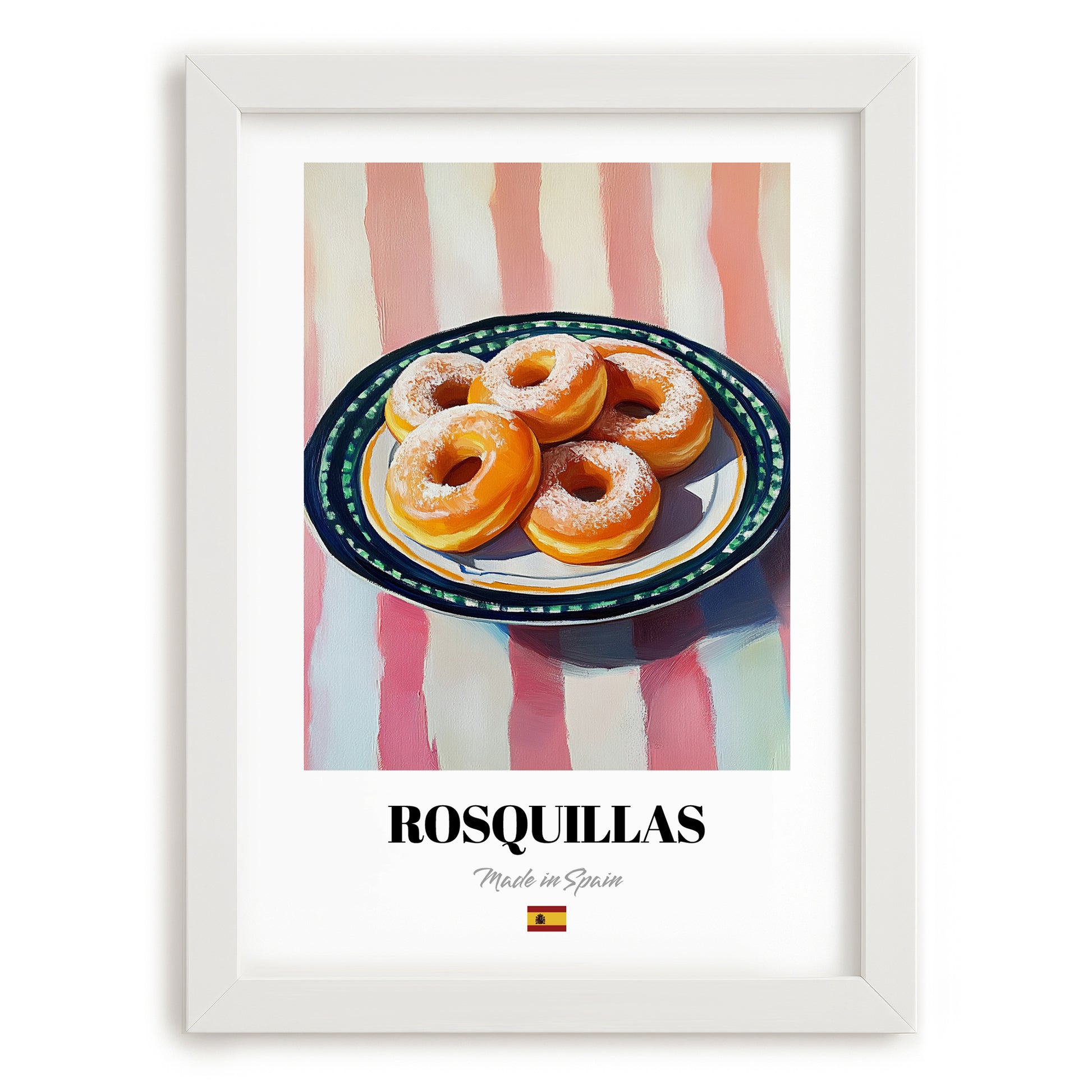 Rosquillas – on Striped Tablecloth, Spanish Dessert Illustration, placed in minimal white frame