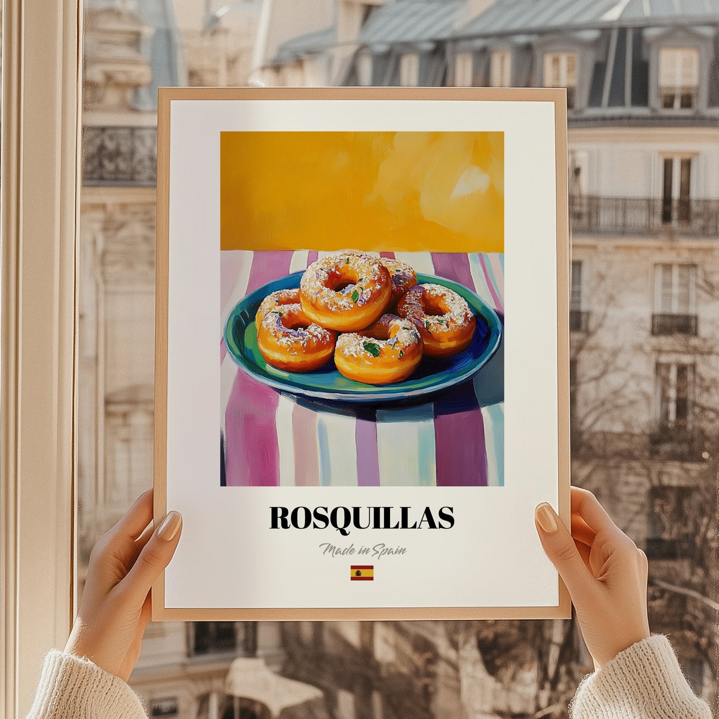 Rosquillas – Colorful Oil Painting, Spanish Dessert Wall Decor, styled in a charming Paris street view