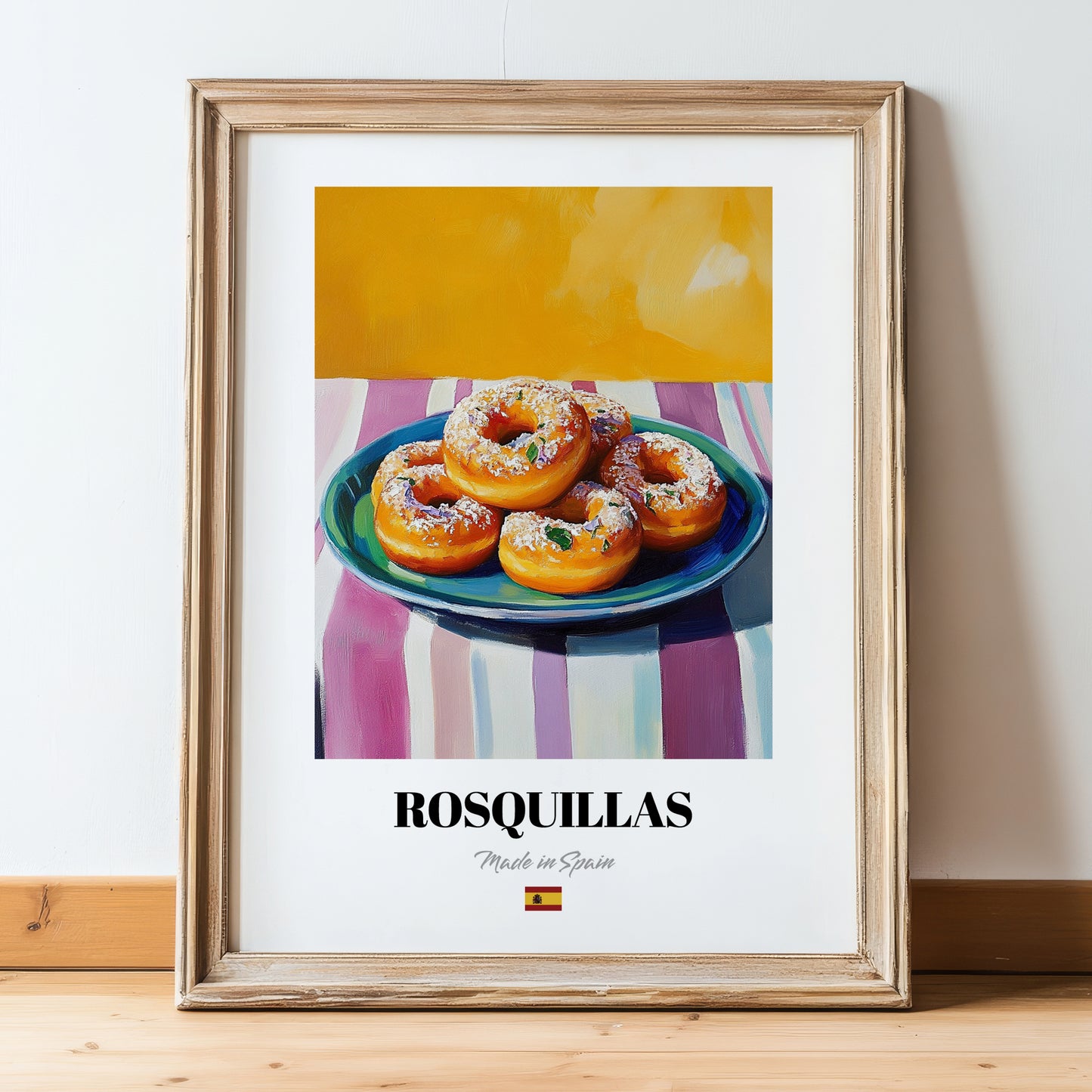Rosquillas – Colorful Oil Painting, Spanish Dessert Wall Decor, in wooden frame leaning on the floor