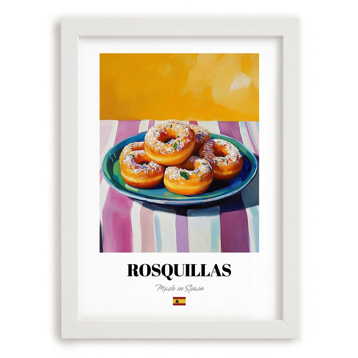 Rosquillas – Colorful Oil Painting, Spanish Dessert Wall Decor, placed in minimal white frame