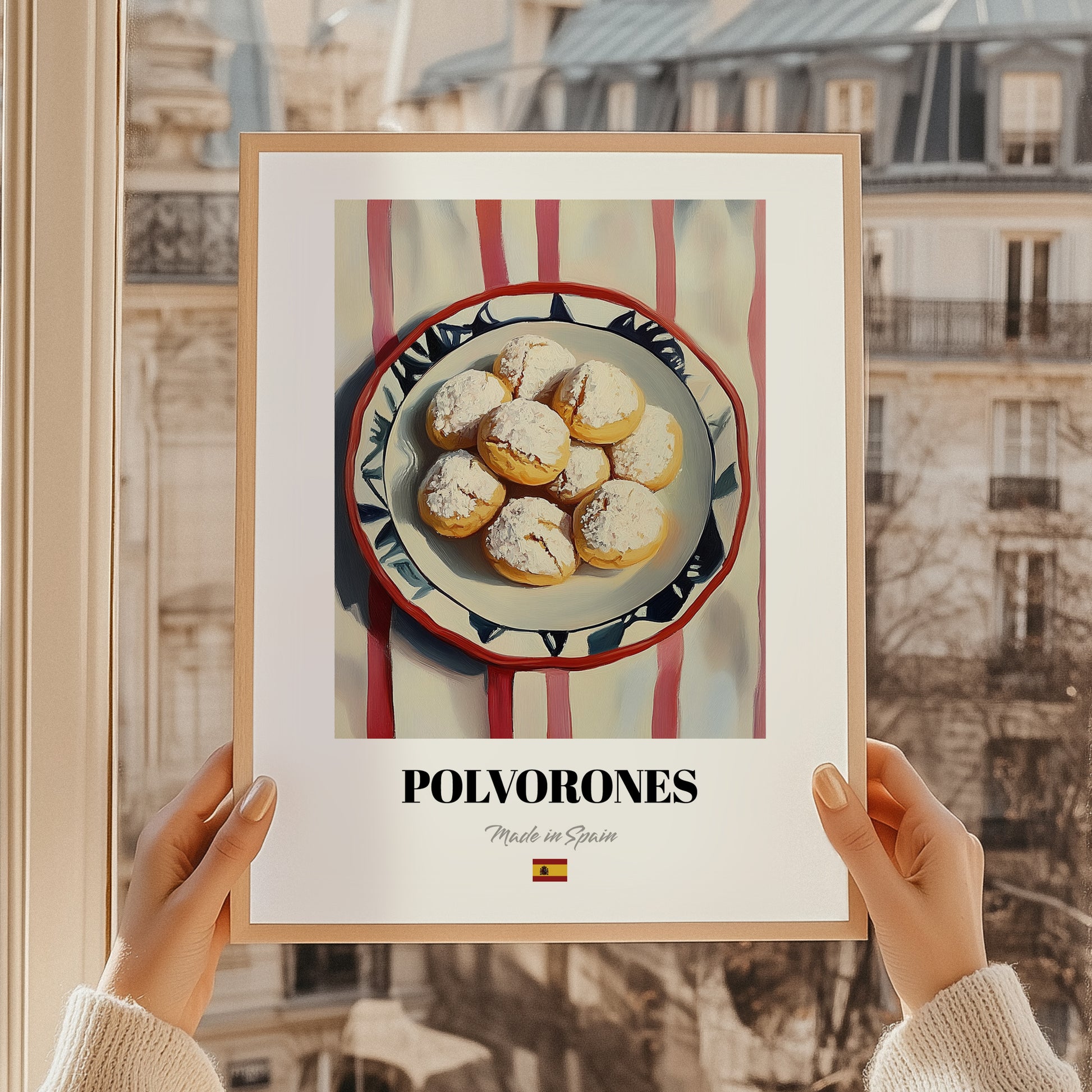 Polvorones – on Striped Tablecloth, Spanish Dessert Wall Art, styled in a charming Paris street view