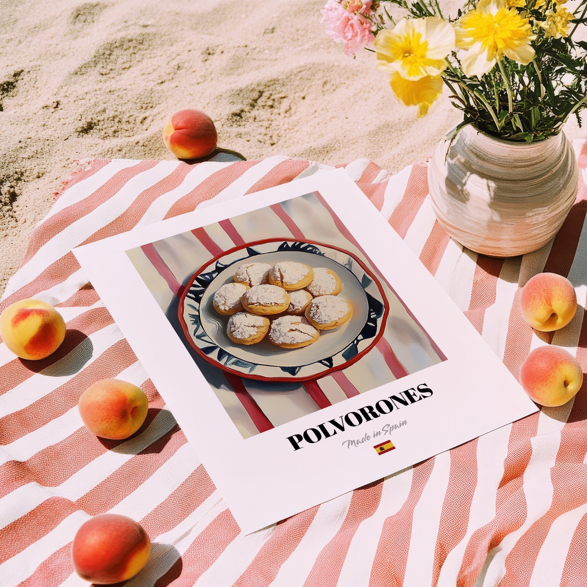 Polvorones – on Striped Tablecloth, Spanish Dessert Wall Art, unframed on coastal sand
