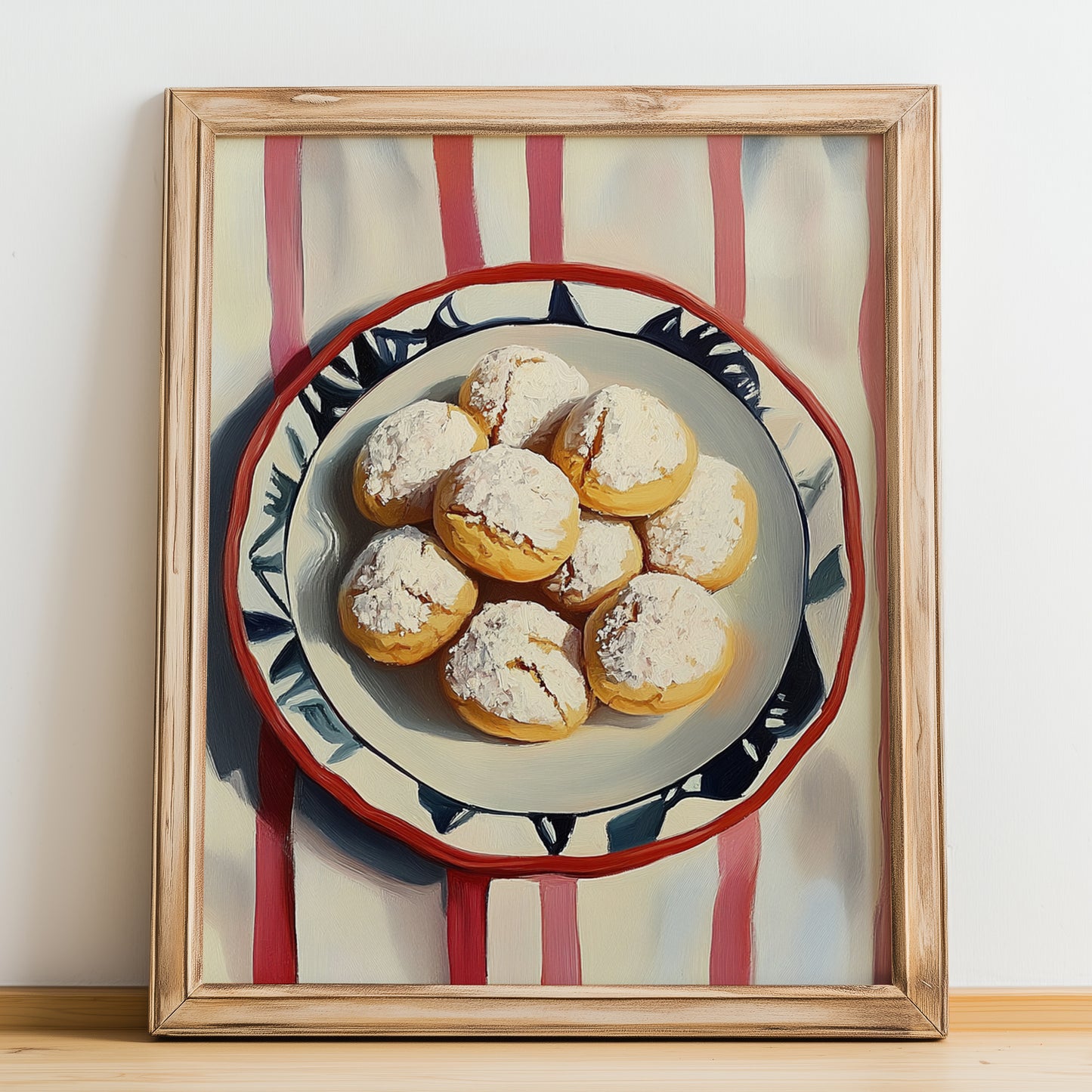 Polvorones – on Striped Tablecloth, Spanish Dessert Wall Art, no-text version framed in wood
