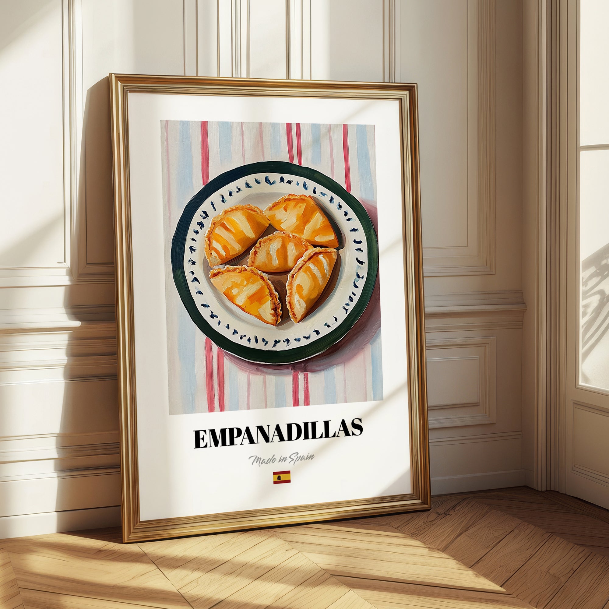 Empanadillas – on Striped Tablecloth, Spanish Pastry Wall Art 