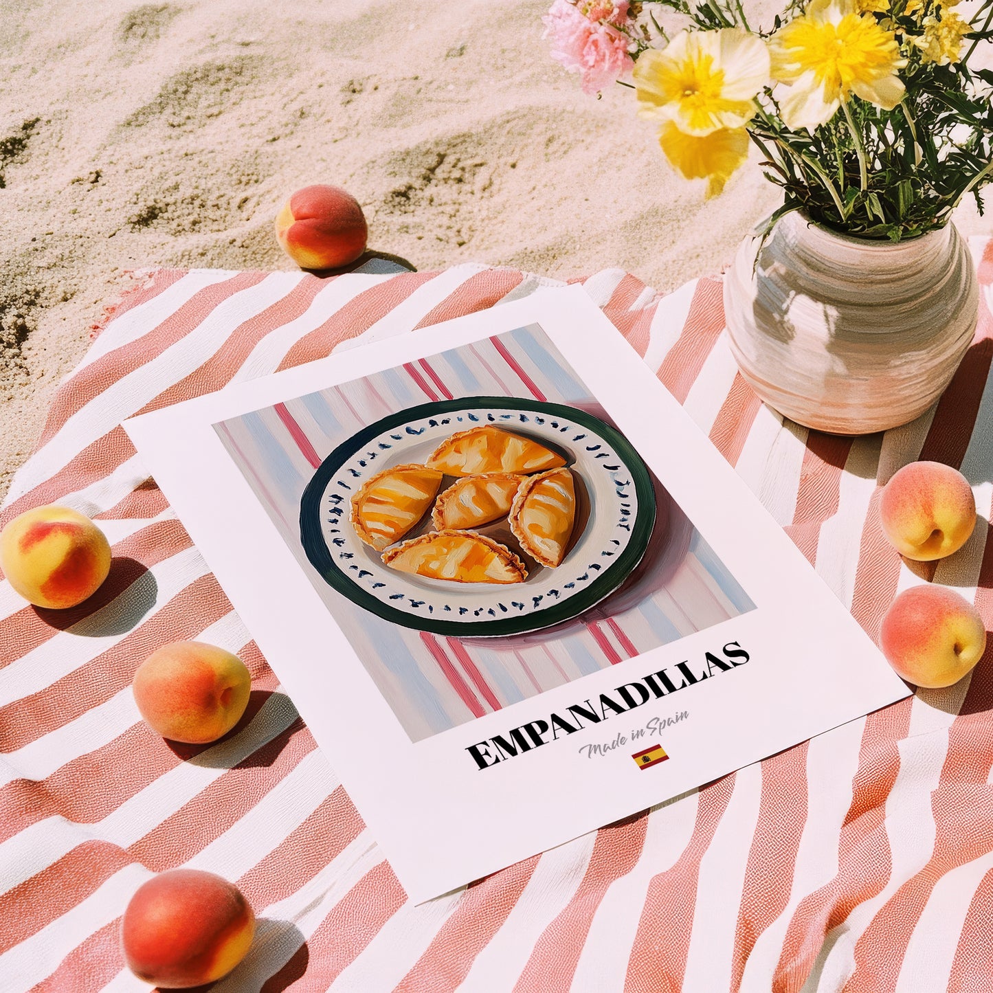 Empanadillas – on Striped Tablecloth, Spanish Pastry Wall Art, unframed on coastal sand