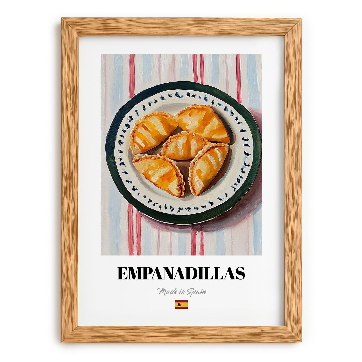 Empanadillas – on Striped Tablecloth, Spanish Pastry Wall Art, set in oak frame