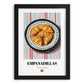 Empanadillas – on Striped Tablecloth, Spanish Pastry Wall Art, in sleek black frame