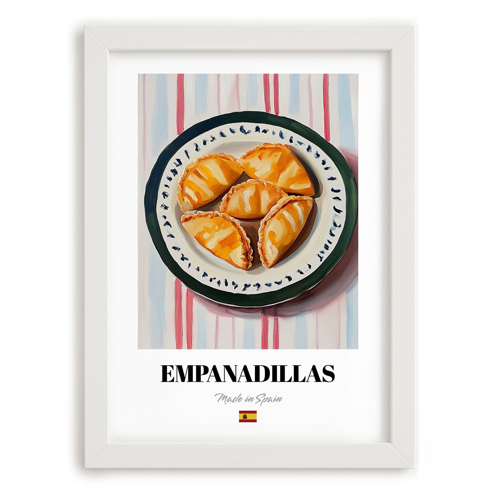 Empanadillas – on Striped Tablecloth, Spanish Pastry Wall Art, placed in minimal white frame