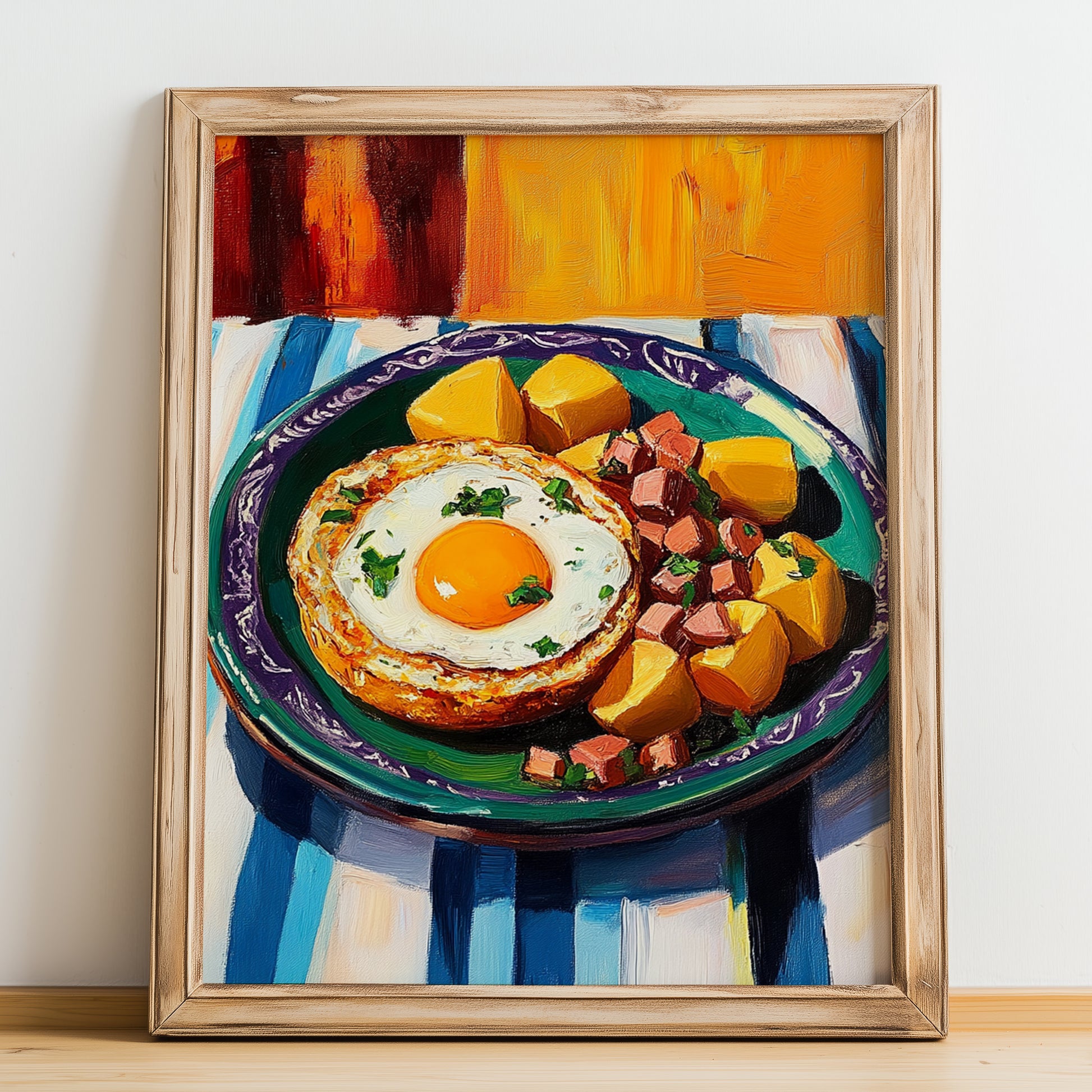 Huevos Rotos – Colorful Oil Painting, Spanish Food Poster, no-text version framed in wood