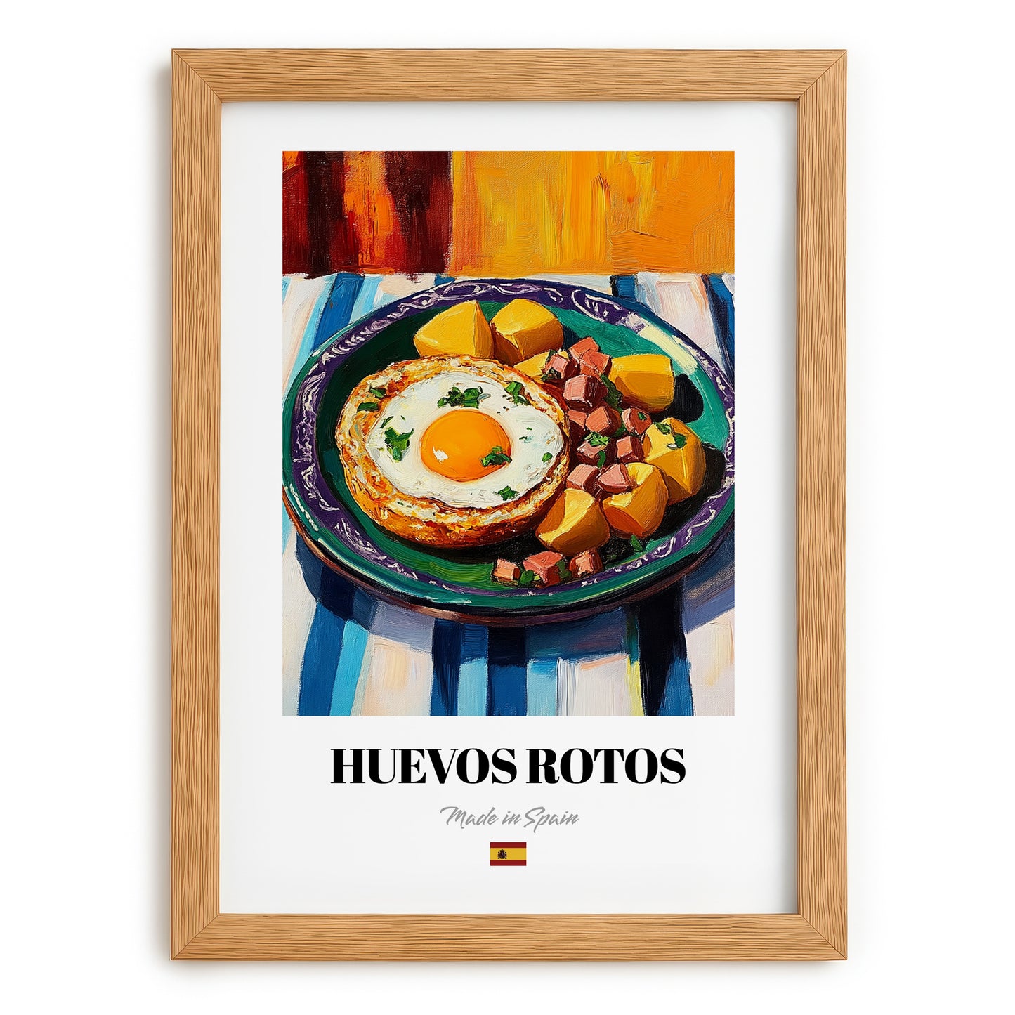 Huevos Rotos – Colorful Oil Painting, Spanish Food Poster, set in oak frame