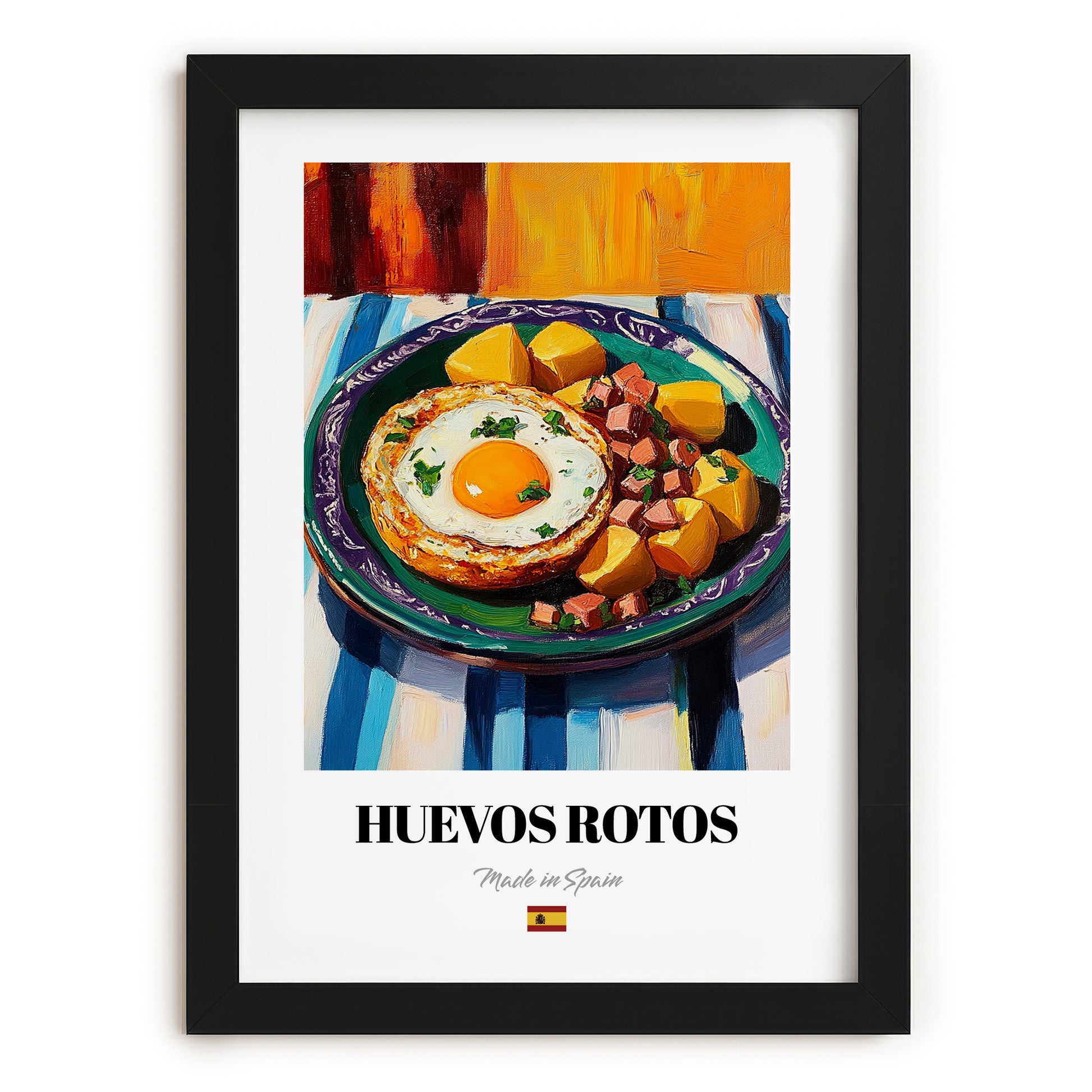 Huevos Rotos – Colorful Oil Painting, Spanish Food Poster, in sleek black frame
