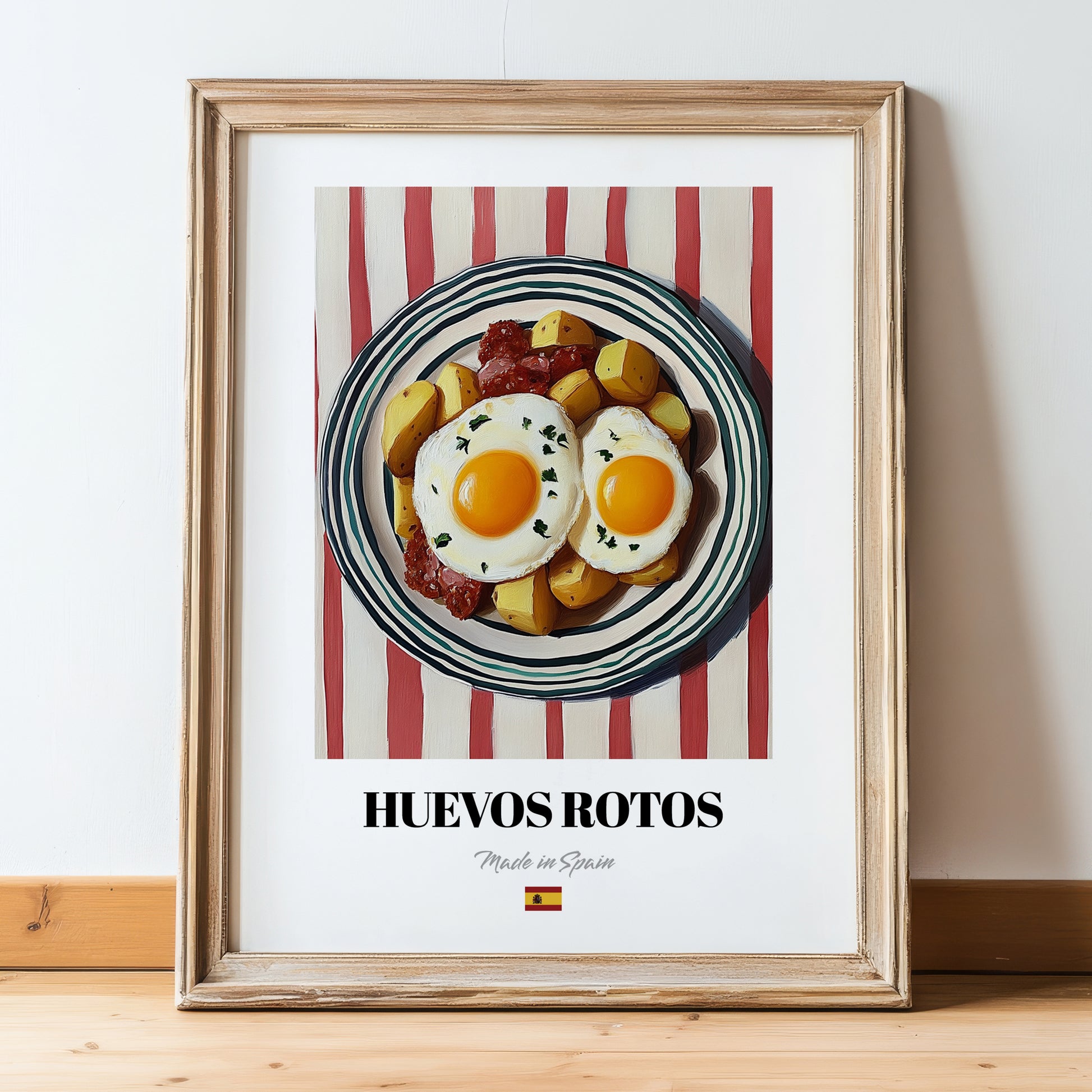 Huevos Rotos – on Striped Tablecloth, Spanish Food Wall Decor, in wooden frame leaning on the floor