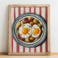 Huevos Rotos – on Striped Tablecloth, Spanish Food Wall Decor, no-text version framed in wood