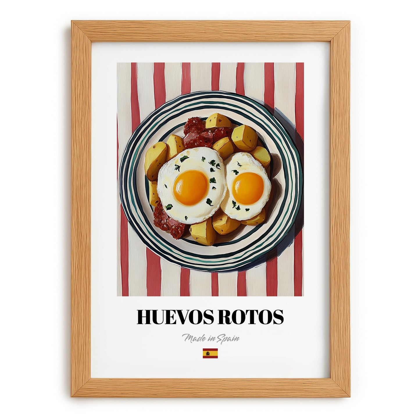 Huevos Rotos – on Striped Tablecloth, Spanish Food Wall Decor, set in oak frame