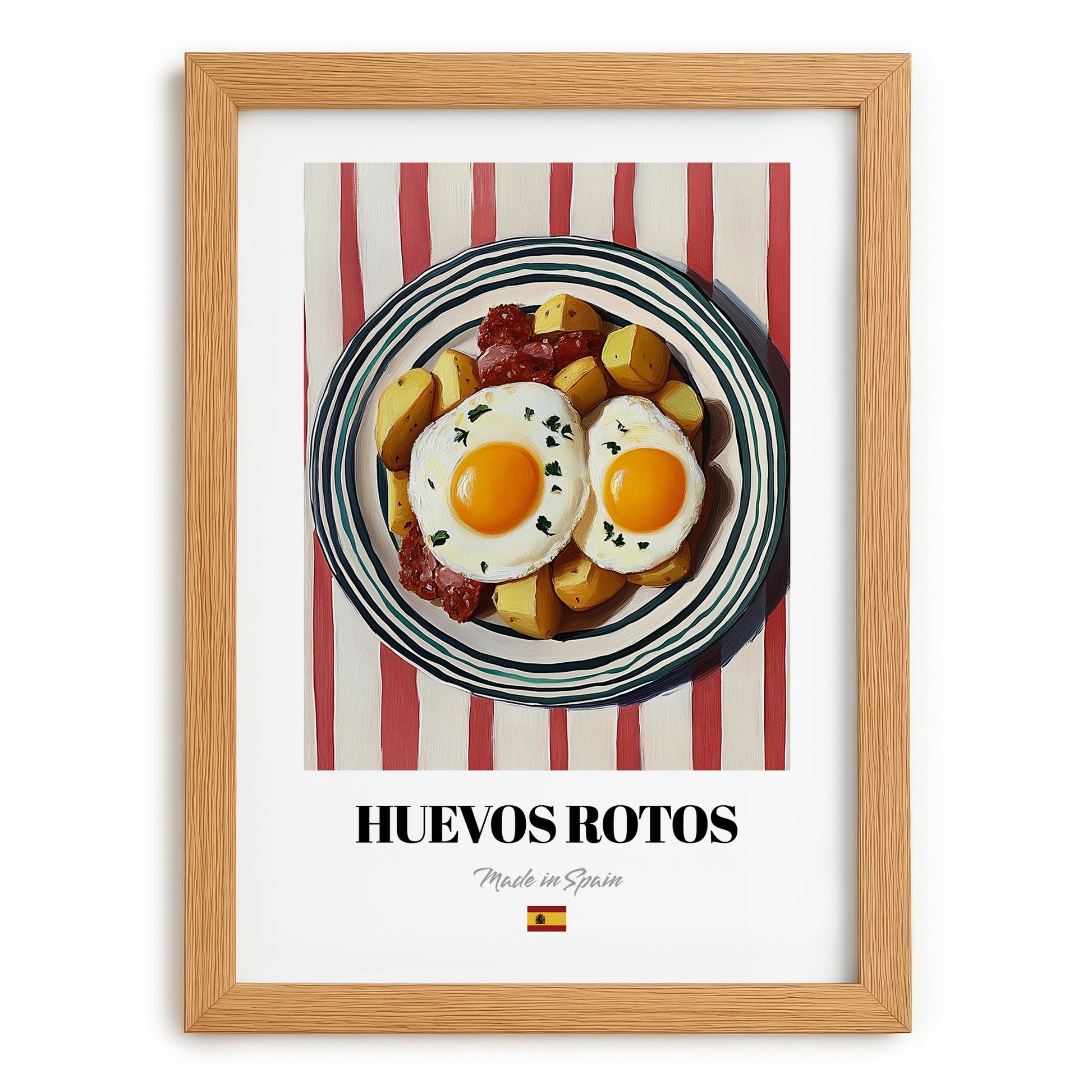 Huevos Rotos – on Striped Tablecloth, Spanish Food Wall Decor, set in oak frame