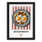 Huevos Rotos – on Striped Tablecloth, Spanish Food Wall Decor, in sleek black frame