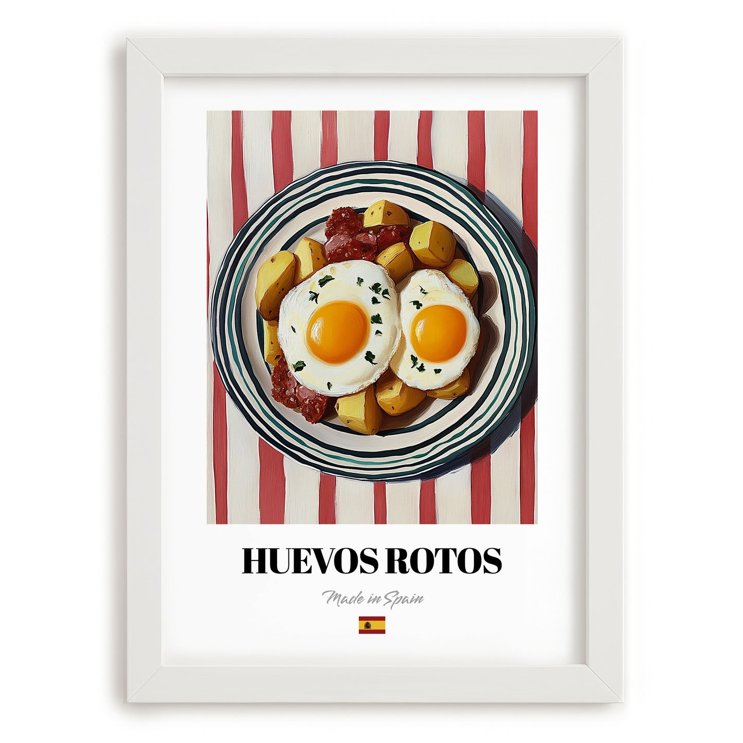 Huevos Rotos – on Striped Tablecloth, Spanish Food Wall Decor, placed in minimal white frame