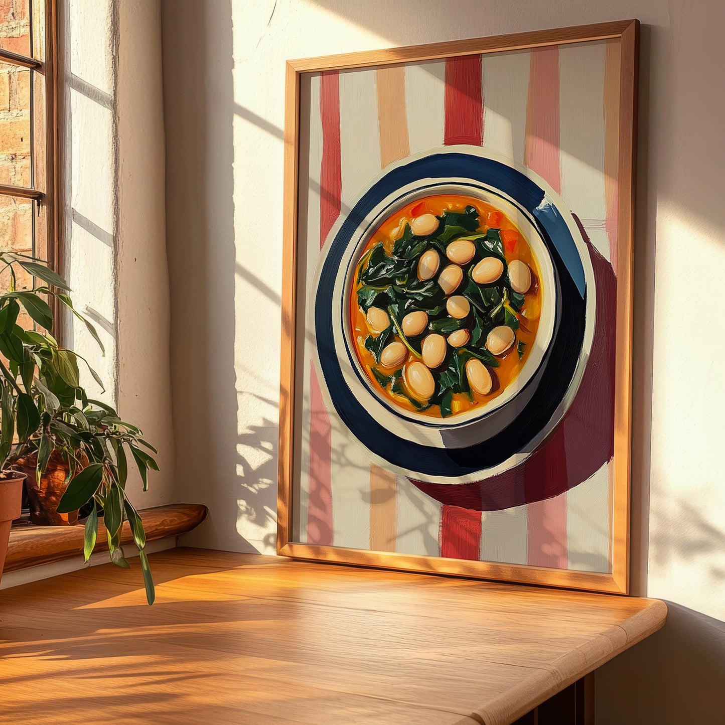 Cocido Montañés – on Striped Tablecloth, Spanish Food Painting, clean layout with no caption