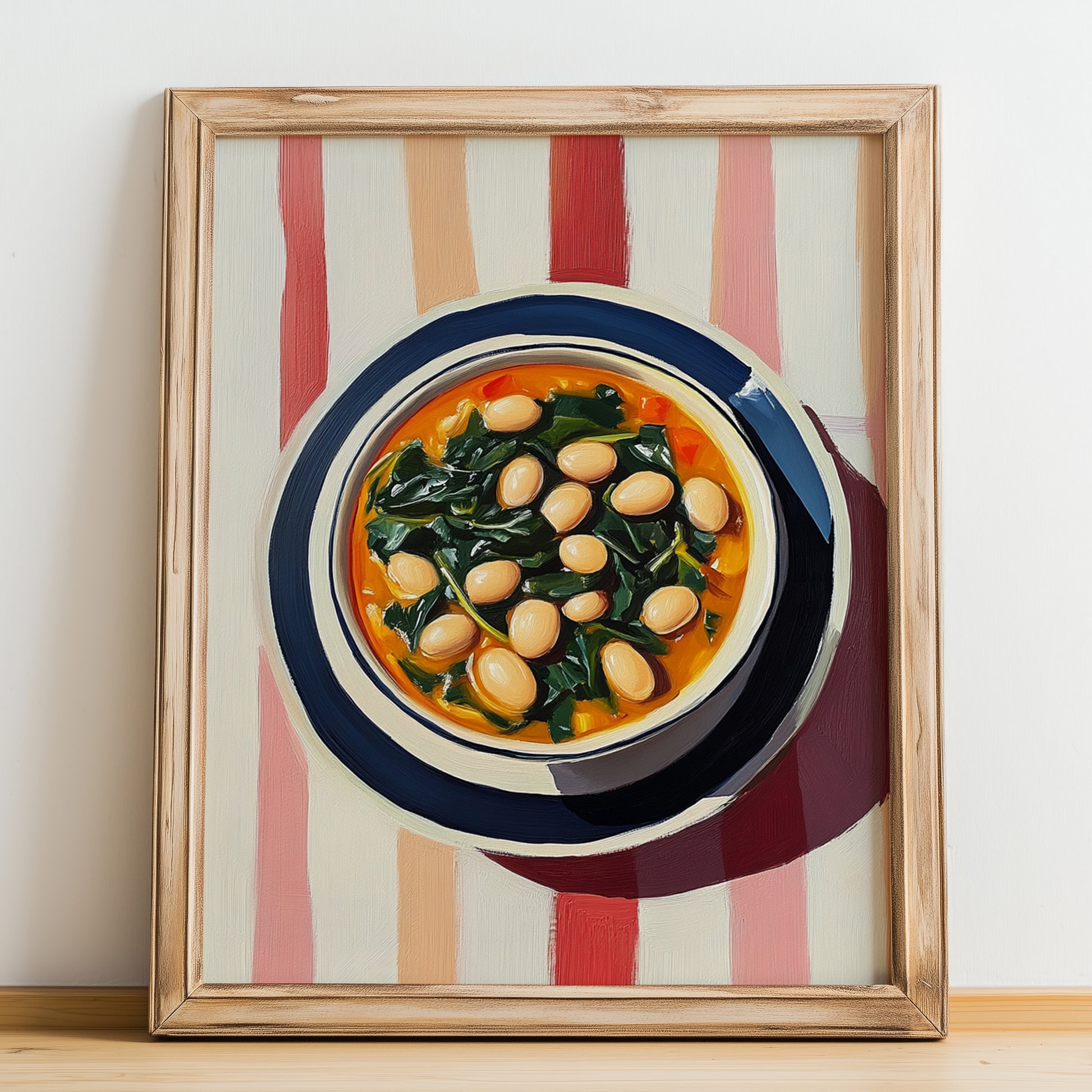 Cocido Montañés – on Striped Tablecloth, Spanish Food Painting, no-text version framed in wood