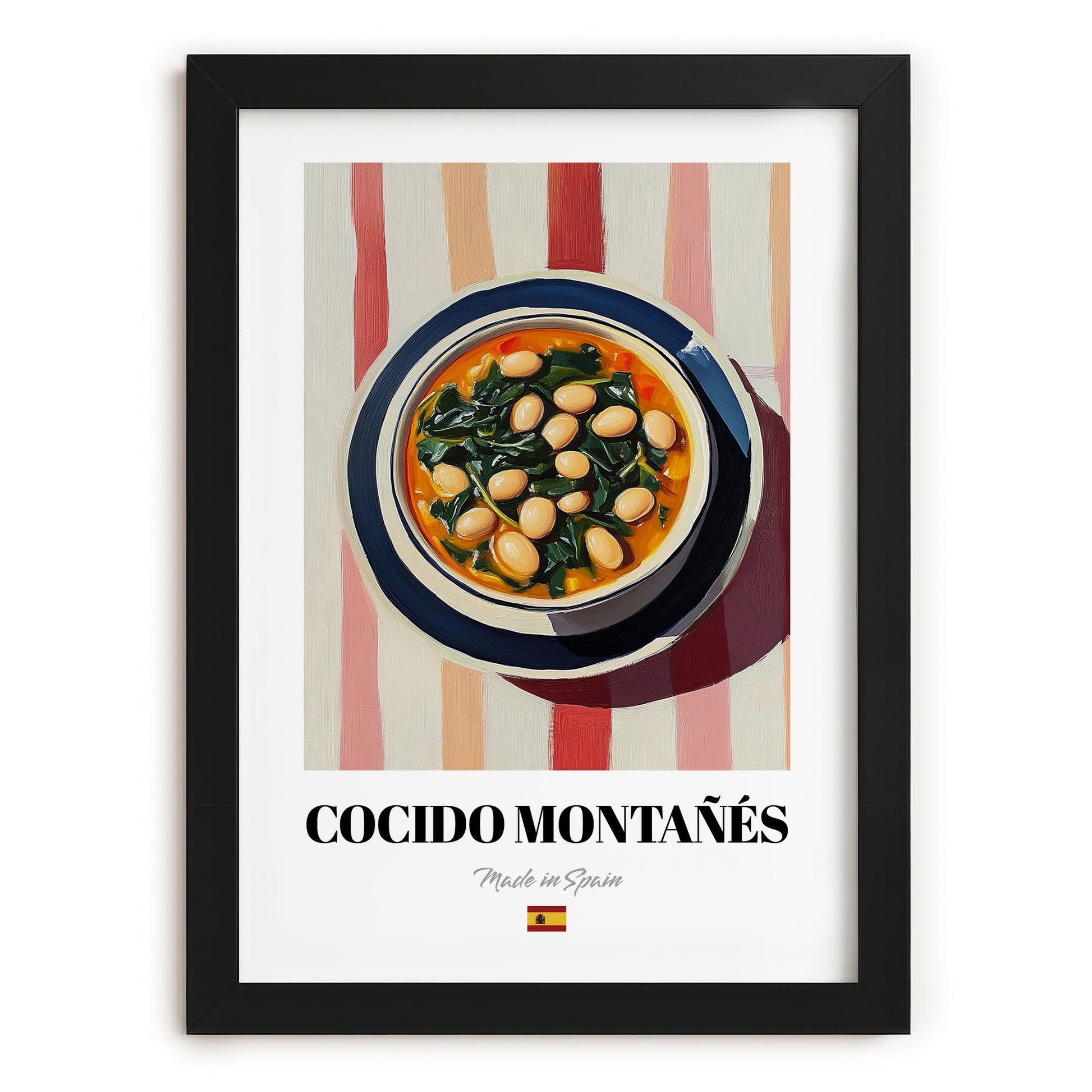 Cocido Montañés – on Striped Tablecloth, Spanish Food Painting, in sleek black frame